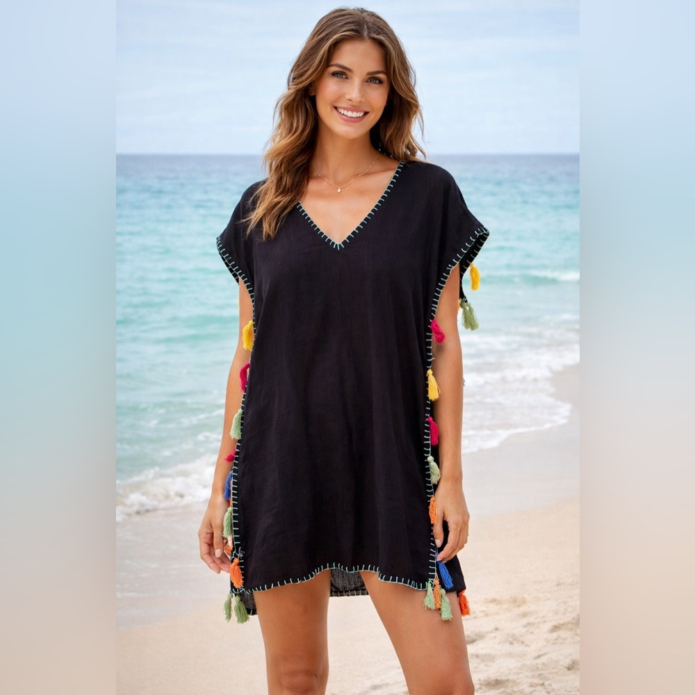 Bleu Rod Beattie Black Tassel-Trim V-Neck Swim Coverup